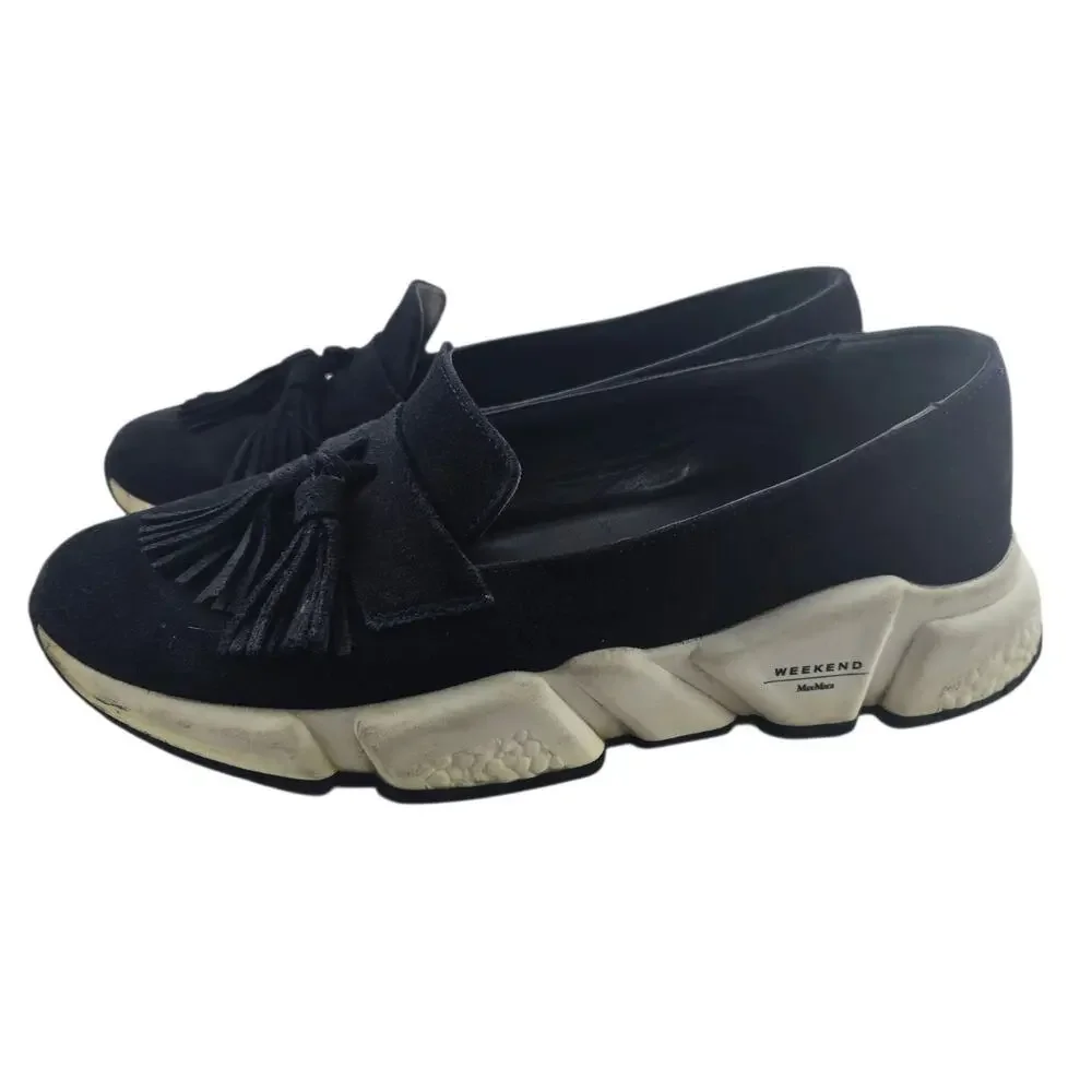 Weekend MaxMara Blue Suede‎ Platfprm Loafers Womens 7 37 Tassel Casual Designer